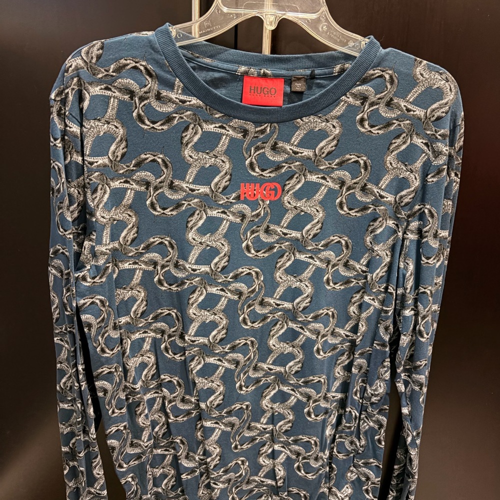 HUGO Blue and Gray Chain Pattern Shirt